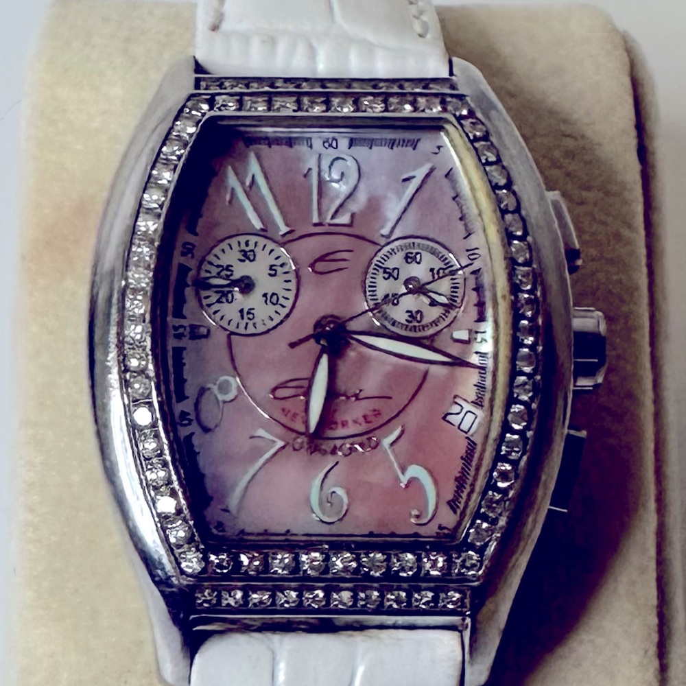 Pink mother of pearl ELINI N.Y Diamond white Genuine leather strap Swiss Made